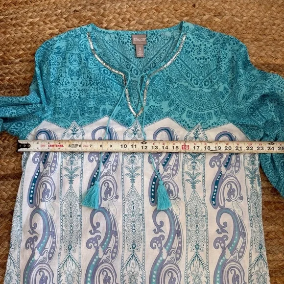 Chicos XL (Size 3) Blue Turquoise Tunic Top with Sequin Detail at Neckline - Picture 6 of 8